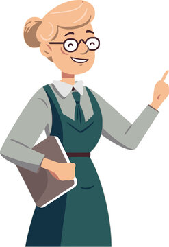 old female teacher smiling while pointing