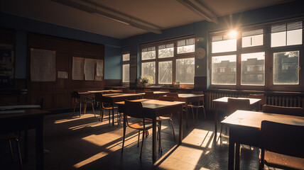 A spacious classroom with a clean and polished blackboard taking up most of the wall, surrounded by wooden desks and chairs, textbooks and notepads on the desks. teacher day concept. generative ai.