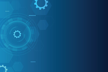 Blue gear technology background with line of circle template. Blueprint background with hexagonal and particle element. Negative and blank space style.