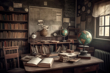 A vintage classroom setting with a blackboard in the center of the wall, surrounded by wooden shelves filled with books and various educational items. teacher day concept. generative ai.