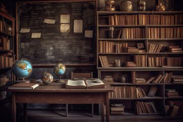 A vintage classroom setting with a blackboard in the center of the wall, surrounded by wooden shelves filled with books and various educational items. teacher day concept. generative ai.