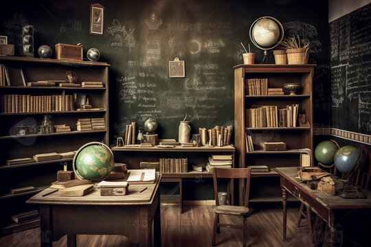 A vintage classroom setting with a blackboard in the center of the wall, surrounded by wooden shelves filled with books and various educational items. teacher day concept. generative ai.