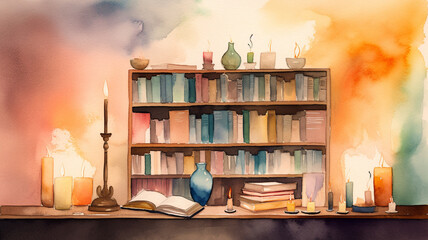bookshelf, with books of various sizes and colors lining the shelves, and a candle burning on a nearby table. watercolors style. knowledge concept. generative ai.