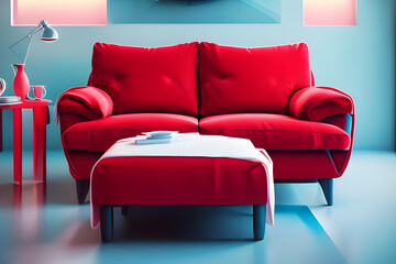 Soft red sofa on blue background, 3D illustration, Modern minimalistic living room interior detail. Cosiness, social media and sale concept, creative advertisement idea AI generate