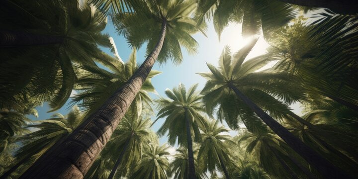 tropical view with palm trees and blue sky banner for International Day of the Tropics with room for text, created with generative ai