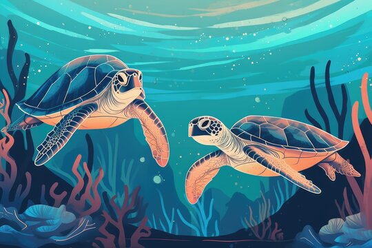 Two turtles swimming in the oceon, world turtle day or world ocean day banner, with room for text created with generative ai