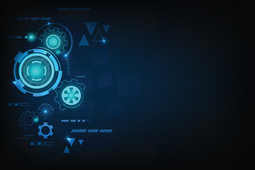 Engineering presentation template with type of gear style and blank space for design. Dark blue technology background.