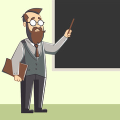 funny fat male teacher with beard teaching in class, with pose pointing toward blackboard