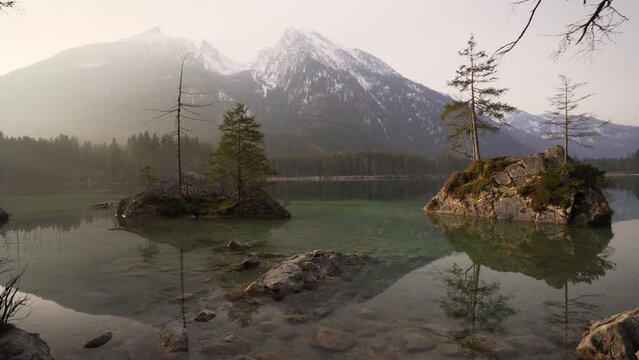 Hintersee Lake in sunrise light. Ramsau, Berchtesgaden, Bavaria, Germany, Europe, push in shoot