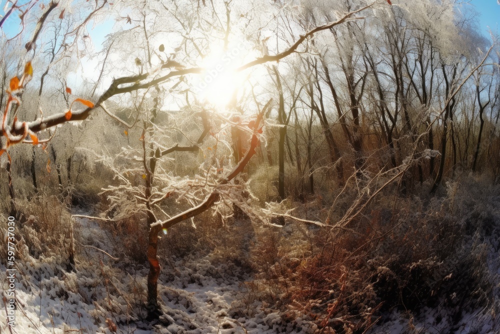 Poster sunlight filtering through snowy trees. generative ai