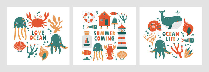 Set of funny fancy design of childish banners, cards with sea, ocean animal, octopus, beach house, lighthouse, fish, whale, crab. Cute vector templates with cartoon simple illustrations with text.