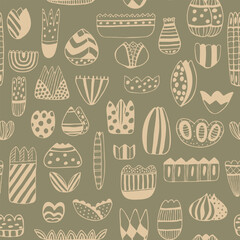 Seamless repeating pattern with abstract flowers, birds and leaves in pink, red, black colors. Flat simple fabric, gift wrap, wall design. Vector