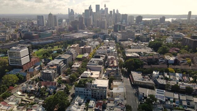 Aerial drone view of Surry Hills and Haymarket in inner Sydney, NSW Australia with Sydney City in the background 