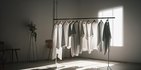 Clean Minimal Clothing Showroom Clothes Rack with White Shirts - Made with Generative AI