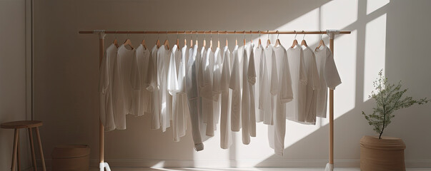 Wide Angle Clothing Showroom, Warm Minimal White Shirts - Made with Generative AI