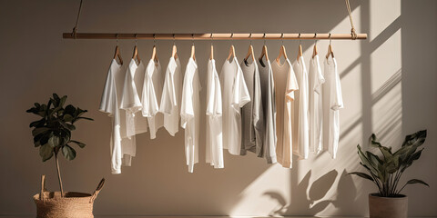 Warm Minimal Clothing Showroom Clothes Rack with White Shirts - Made with Generative AI