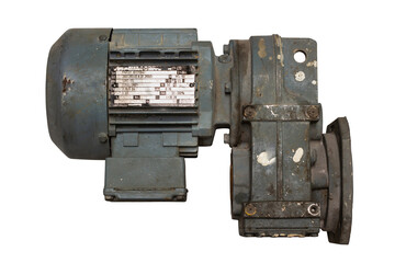 Old motor laid on the floor. The old motor is scrapped. Rusty old motor. Motor isolated on white...