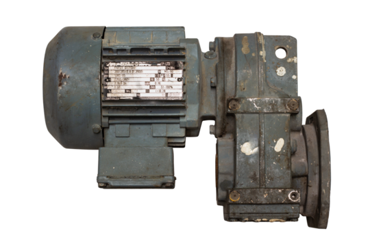 Old motor laid on the floor. The old motor is scrapped. Rusty old motor. Motor isolated on white background.  clipping path. Old electric motor