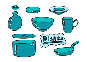 Doodle dishes vector set. Kitchen equipment and objects for cooking. Hand drawn style. Blue colors. Colorful collection.