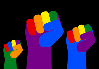 Lucha del colectivo LGTBI. Tres puños en alto con los colores de la bandera LGTBI sobre fondo negro