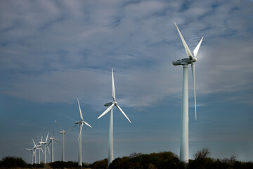 Wind turbines in the evening sun on the North Sea dike near Dorum-Neufeld, Lower Saxony, Germany