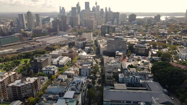 Aerial drone view of Surry Hills along Elizabeth Street in inner Sydney, NSW Australia with Sydney City in the background 