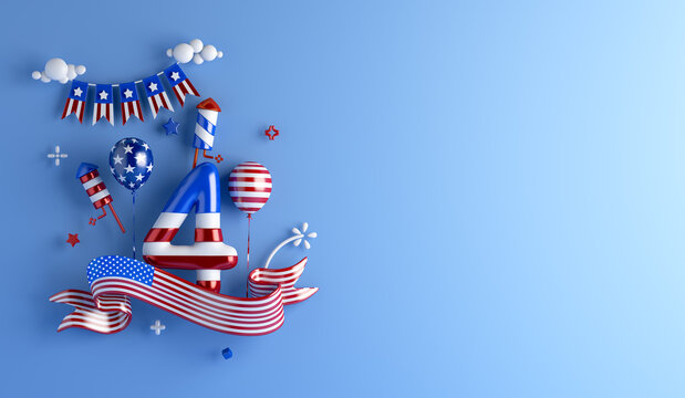4th of July, Happy Independence Day of the USA with ribbon waving flag, firework rocket confetti bunting flag balloon on blue background, copy space text, 3D illustration.