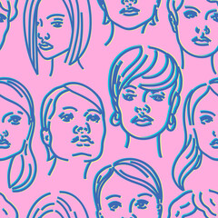 Portrait of fashion female faces with different hairstyle seamless pattern