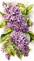 Fototapeta premium Watercolor drawing of beautiful lilac bouquet in retro style. Flower banner for social media stories