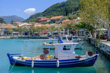 Fototapeta na wymiar Fishing boats in the harbor at Vasiliki in Lefkada, Greece