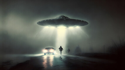 alien abduction concept, flying UFO saucer over car and human silhouettes at foggy night road, neural network generated in spring 2023. Not based on any actual scene or pattern.