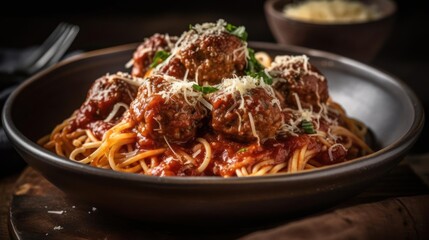 A bowl of spaghetti with meatballs and parmesan cheese created with Generative AI - obrazy, fototapety, plakaty