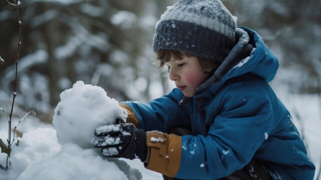 A boy making a snowman during winter created with Generative AI
