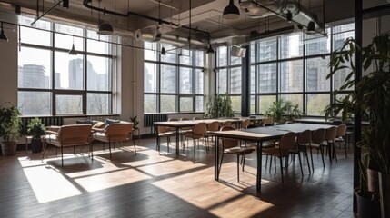 A bright and airy co-working space with floor-to-ceiling windows that let in plenty of natural light created with Generative AI