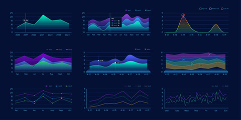 Broken line graph, Line chart, Statistic graphs, Cool color dark infographic charts - obrazy, fototapety, plakaty