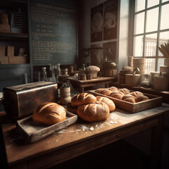 a photography of bread, bakery and flour on the vintage desk created with Generative AI technology