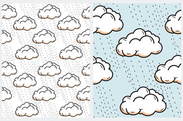 Pop Art Style Seamless Vector Patterns with White Fluffy Clouds. Hand Drawn Comic Clouds and Drops of Rain isolated on a White and Pastel Blue Background.Cute Cloudy Repeatable Print ideal for Fabric.