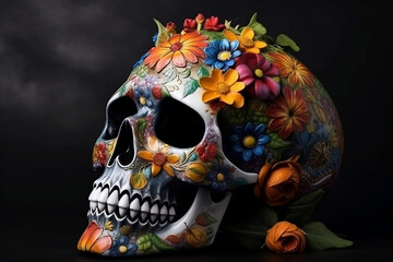 Dia de Los Muertos (Day of the dead), with sugar skull,  colorful portrait of a skull and flowers for "dia de los muertos"