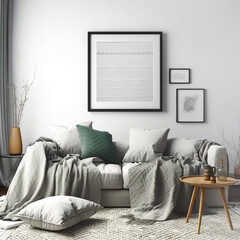 Mock up poster frame in scandinavian interior design of modern living room with gray sofa. Created with generative AI