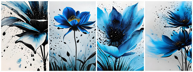 Art posters with flowers and rain, drawn in a free brush technique, black ink painting with blue color for interior design, decor, packaging, invitation, print. AI generated.