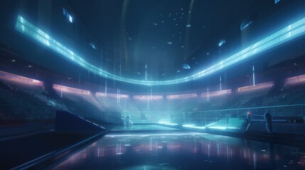 Fototapeta na wymiar Huge Futuristic stadium. Future sport. Blue glowing neon lights. A fantastic arena for the sporting events of the future. Cyberpunk wallpaper. Generative AI illustration.