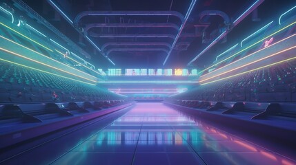 Fototapeta na wymiar Huge Futuristic stadium. Future sport. Blue glowing neon lights. A fantastic arena for the sporting events of the future. Cyberpunk wallpaper. Generative AI illustration.
