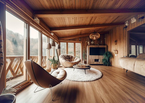Chalet interior design of modern living room in wooden eco house in forest. Created with generative AI