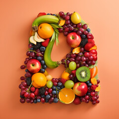 Naklejka na ściany i meble alphabet A, B, C, D, F, G, H, J, K, L, M, N, P, Q, R, S, T, V, X, Z, fruit, food, orange, apple, grape, grapes, fruits, isolated, fresh, healthy, red, green, white, diet, citrus, generative ai