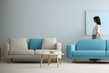 Soft blue sofa on blue background, 3D illustration, AI generated image. Modern minimalistic living room interior detail. Cosiness, social media and sale concept, creative advertisement idea 