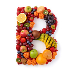 Naklejka na ściany i meble alphabet A, B, C, D, F, G, H, J, K, L, M, N, P, Q, R, S, T, V, X, Z, fruit, food, orange, apple, grape, grapes, fruits, isolated, fresh, healthy, red, green, white, diet, citrus, generative ai