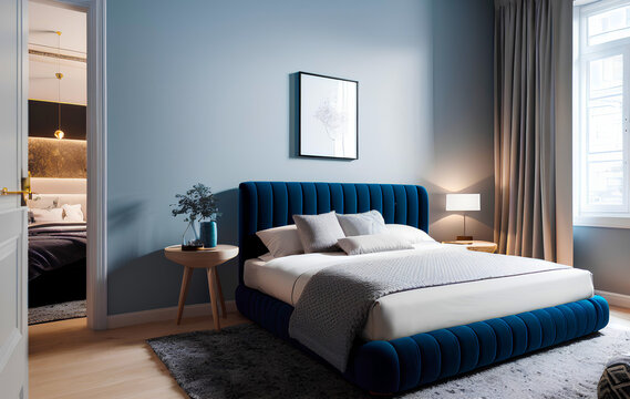 Contemporary bedroom interior with bed and blue wall and mockup poster with copy space. Generative AI