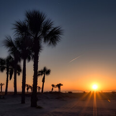 Generative AI illustrations, Dark palm trees silhouettes on colorful tropical ocean sunset background,