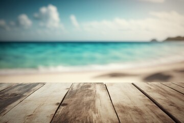 Fototapeta premium Table on a beach with a blurred background, inviting you to relax and enjoy the scenery. A perfect spot for a vacation getaway. Generative AI.