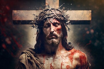 Powerful and poignant image of Jesus Christ on the cross, conveying sacrifice, salvation, and hope. A symbol of faith and love.  - obrazy, fototapety, plakaty